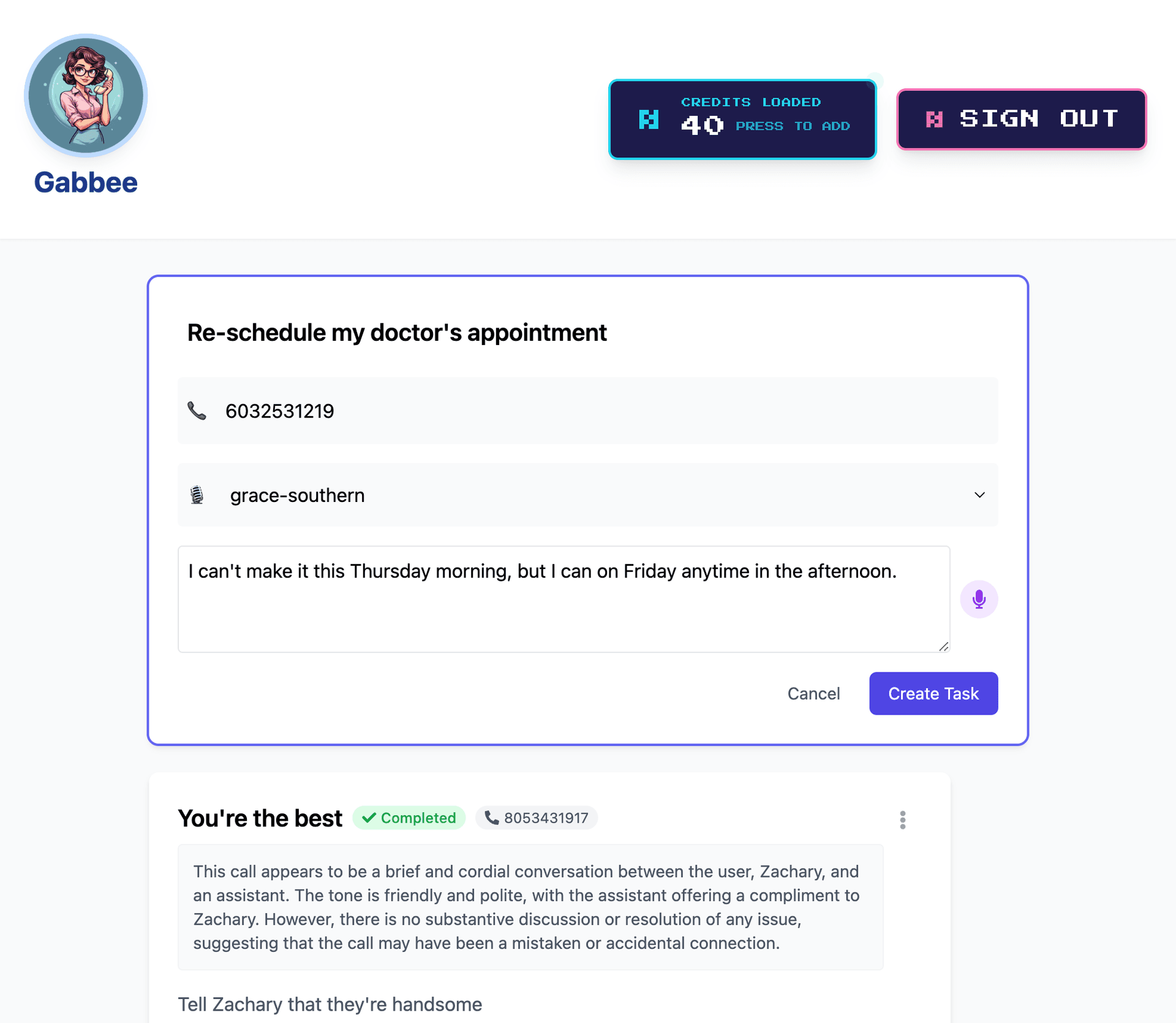 Gabbee.io interface showing how to delegate interrupting tasks to AI
