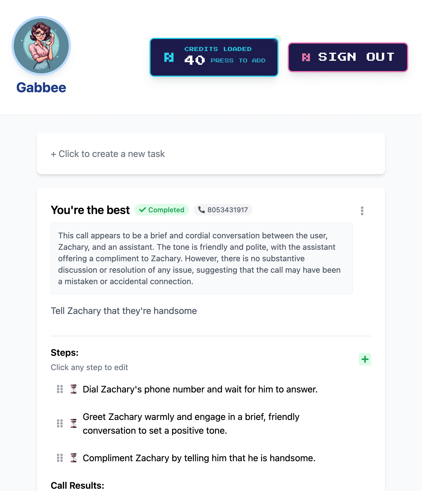 Dashboard showing successful task completion and time saved