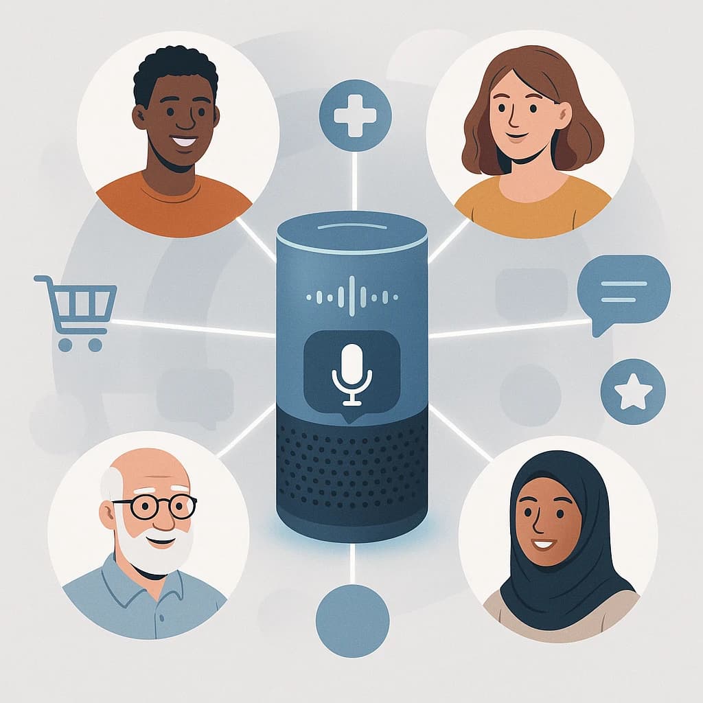 Four different users asking a voice agent for help with different tasks