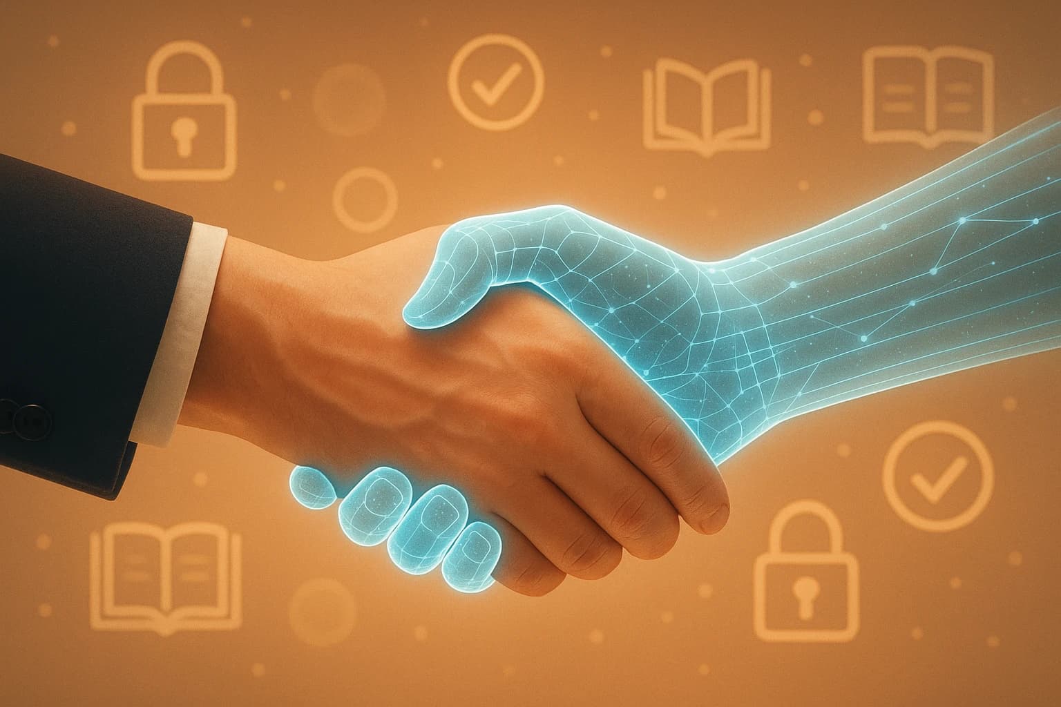 Human hand shaking hands with AI, symbolizing trust and partnership