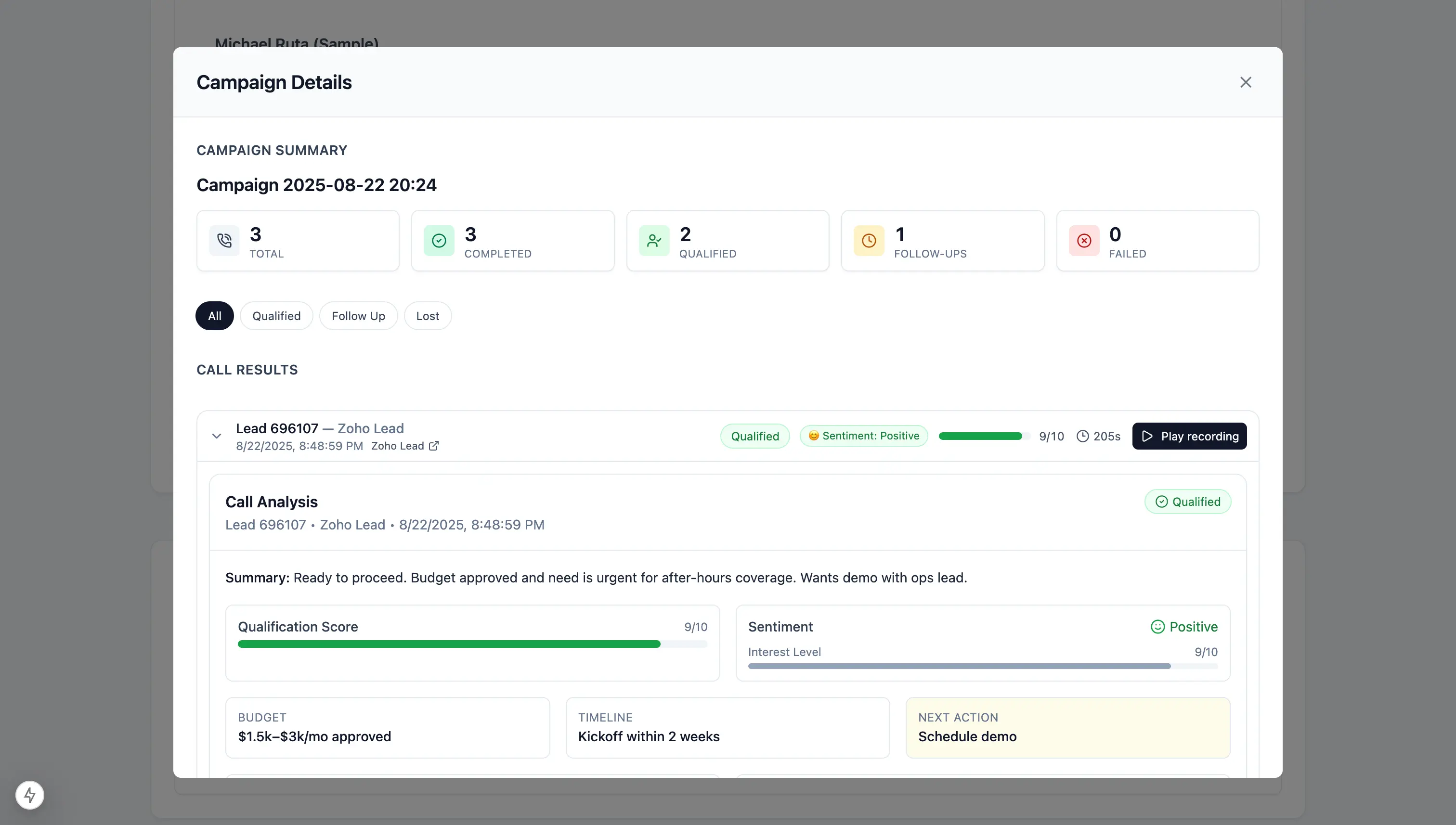 Call analysis with recordings, transcripts, and outcomes