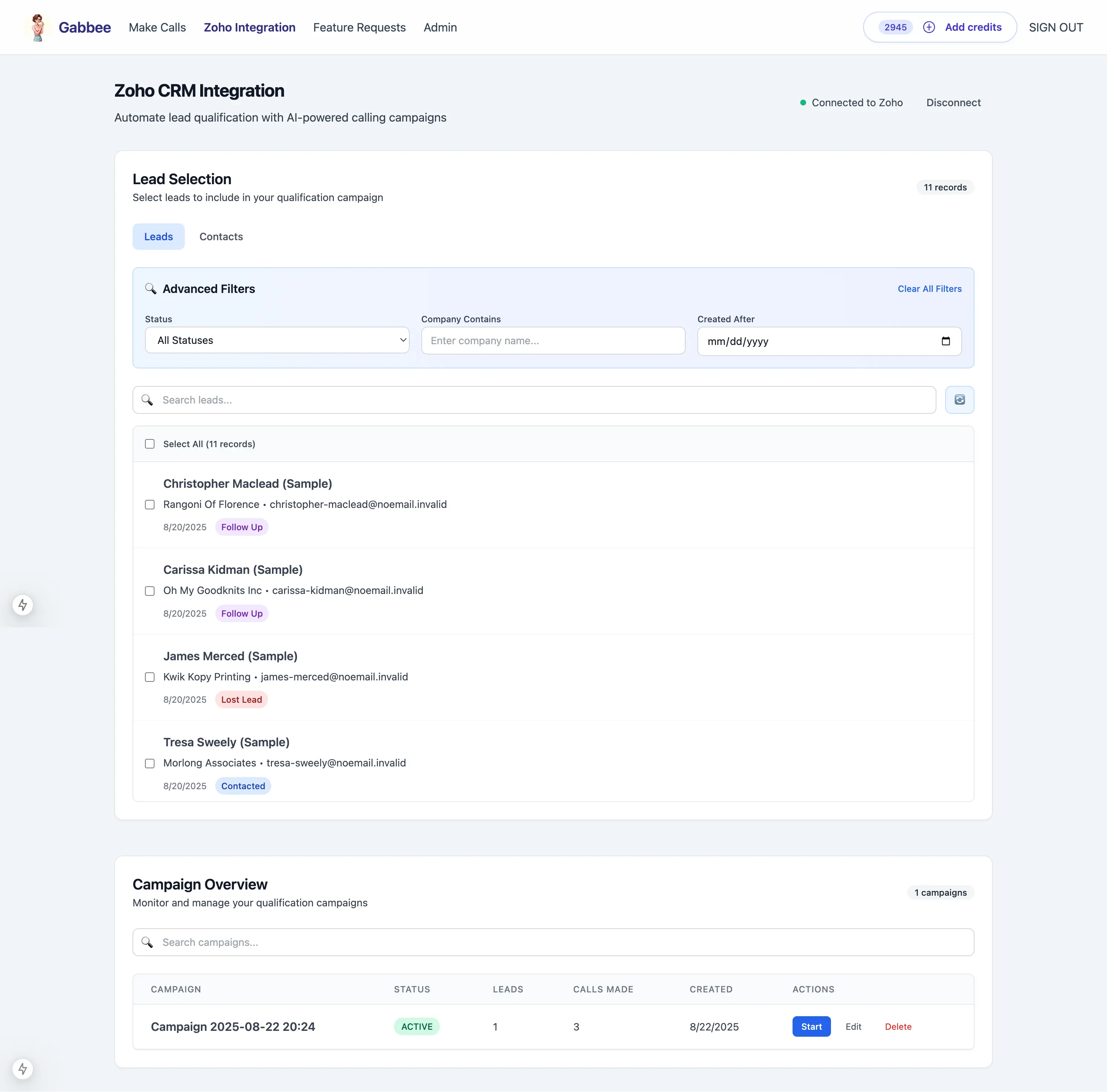 Connect Zoho via OAuth and start organizing leads